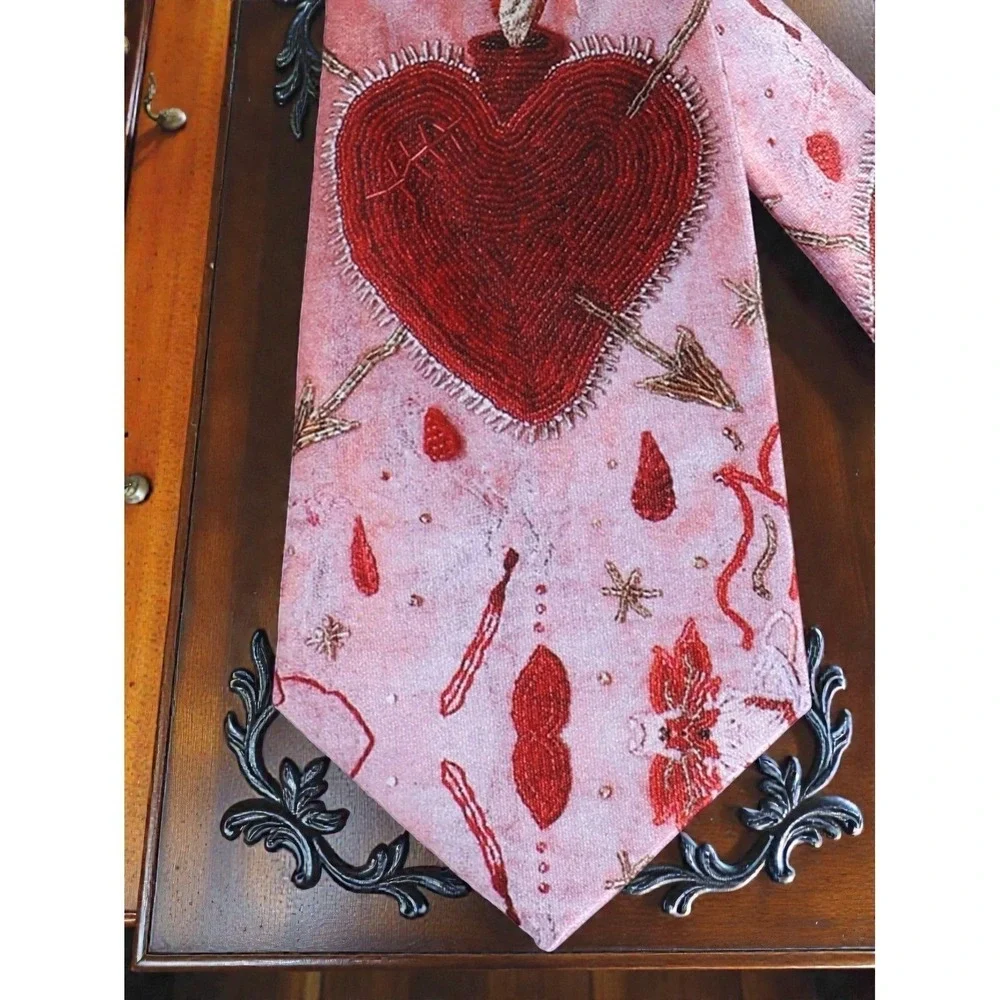 Sacred Heart Embroidery Printed Neck tie Pink Flaming Heart Gothic Victorian Bow